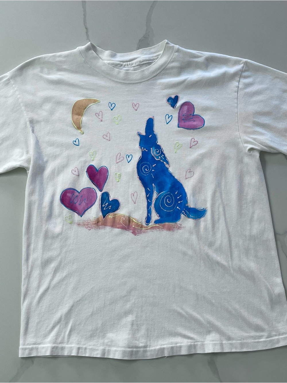 Vintage 1990s Handmade Coyote Howling At Moon Painted Tee